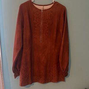 Rust Brown Embroidered Suede Tunic Top